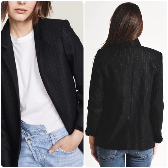 ZADIG & VOLTAIRE Sz S Volly Striped Wool Metallic Blazer Noir Open Fringe Cuffs - Picture 2 of 14